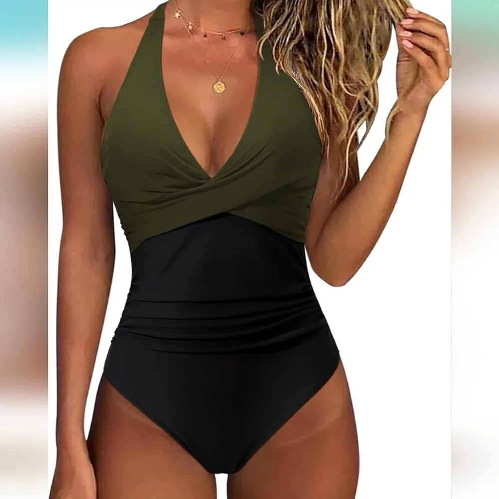 SUUKSESS Ruched Tummy Control Halter Top Swimsuit